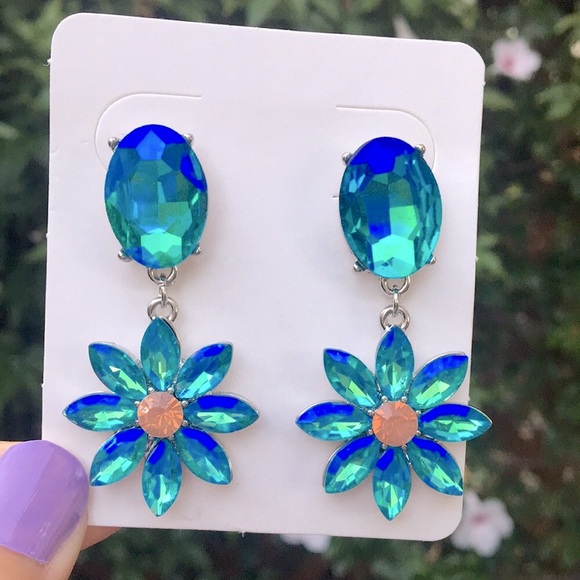 Iridescent Aquamarine Aurora Borealis + Pink Opal Crystal Flower Drop Earrings - Picture 8 of 8